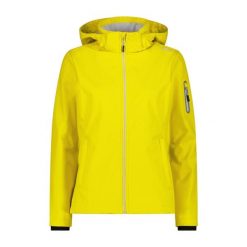 Damska kurtka turystyczna z kapturem CMP. Żółte kurtki damskie CMP, bez wzorów, z softshellu, z kapturem. Za 371.50 zł.