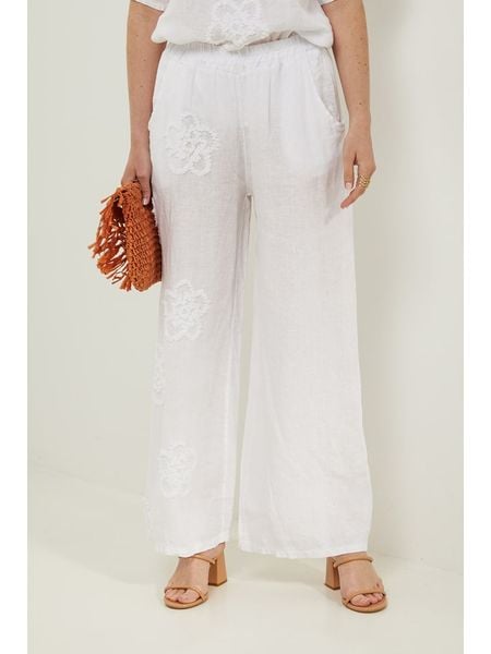 Rodier Lin Lniane spodnie w kolorze białym rozmiar: S/M. Białe spodnie materiałowe damskie Rodier Lin, bez wzorów, ze lnu, z podwyższonym stanem. Za 176.08 zł.