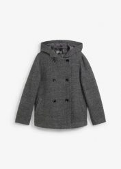 Kurtka bosmanka z miękkiej przędzy boucle. Czarne kurtki damskie bonprix, bez wzorów, z kapturem. Za 279.99 zł.