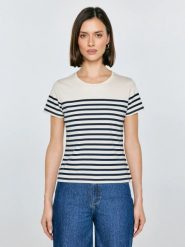 Koszulka damska w paski granatowo-beżowa Norisa 403. Niebieskie t-shirty damskie Big Star, l, bez wzorów, z bawełny, bez kołnierzyka. W wyprzedaży za 79.99 zł.