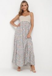 Niebiesko-Zielona Rozkloszowana Sukienka Maxi z Wiskozy w Kwiatowy Print i z Szydełkowym Wzorem Adviana. Niebieskie sukienki damskie Born2be, m, bez wzorów, z wiskozy, bez kołnierzyka, bez ramiączek, maxi, rozkloszowane. W wyprzedaży za 95.99 zł.