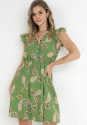 Zielona Rozkloszowana Sukienka z Wiskozy we Wzór Paisley Marinetta. Zielone sukienki damskie Born2be, na imprezę, l, z aplikacjami, z wiskozy, bez kołnierzyka, bez ramiączek, mini, rozkloszowane. W wyprzedaży za 63.99 zł.