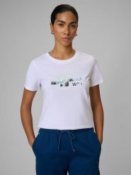 4F T-shirt regular z nadrukiem damski - biały M. Białe t-shirty damskie 4f, m, bez wzorów, z bawełny, bez kołnierzyka. Za 59.99 zł.