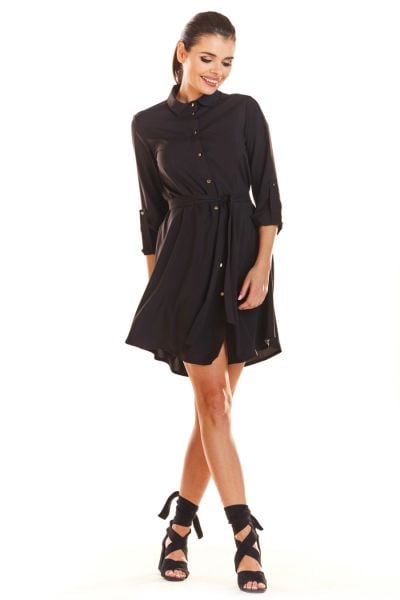 Sukienka koszulowa szmizjerka z paskiem i kołnierzykiem czarna. Czarne sukienki damskie Infinite You, do pracy, bez wzorów, biznesowe, bez kołnierzyka, bez ramiączek, koszulowe. Za 119.00 zł.