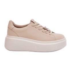 Skórzane Buty Sportowe Damskie Na Platformie Z Przypinką Vinceza 39922 Beżowe beżowy. Brązowe buty sportowe na co dzień damskie bez wzorów, ze skóry. Za 281.25 zł.