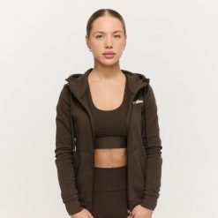 Bluza damska fitness z kapturem i zamkiem espresso Limitless. Brązowe bluzy sportowe damskie GYMBEAM, s, z bawełny. Za 127.90 zł.