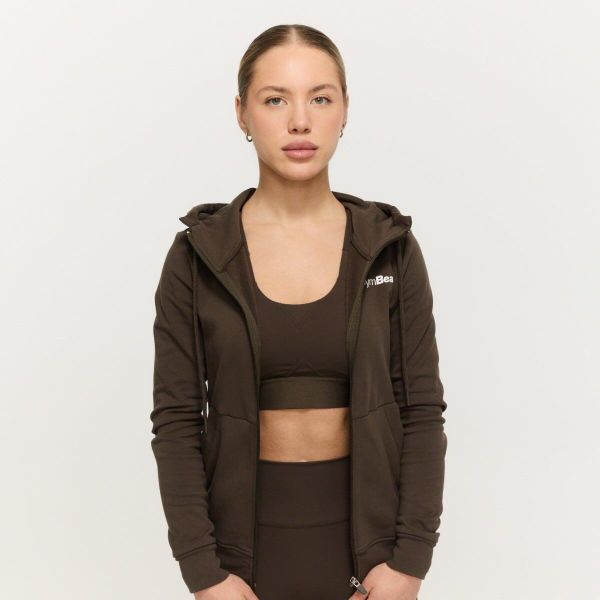 Bluza damska fitness z kapturem i zamkiem espresso Limitless. Brązowe bluzy sportowe damskie GYMBEAM, s, z bawełny. Za 127.90 zł.