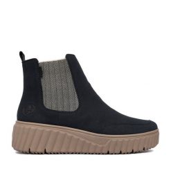 Botki Rieker. Niebieskie botki damskie Rieker, bez obcasa, na płaskiej podeszwie, bez zapięcia. Za 319.99 zł.