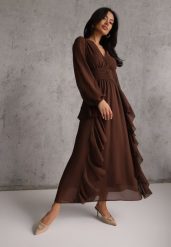 Brązowa Rustykalna Sukienka Wieczorowa z Falbanami i Marszczeniem w Talii Himereanes. Brązowe sukienki damskie Renee, l, z aplikacjami, z materiału, wizytowe, bez kołnierzyka, bez ramiączek, maxi, rozkloszowane. Za 179.99 zł.