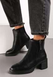 Czarne Botki na Słupku z Suwakiem Nusem. Czarne botki damskie Renee, z jeansu, eleganckie, bez obcasa, na obcasie, bez zapięcia. Za 109.99 zł.