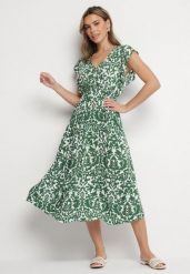 Zielona Bawełniana Sukienka Rozkloszowana z Falbankami w Ornamentalny Wzór Zaliette. Zielone sukienki damskie Born2be, na co dzień, l, bez wzorów, z bawełny, eleganckie, bez kołnierzyka, bez ramiączek, midi, rozkloszowane. W wyprzedaży za 51.99 zł.