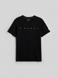 4F T-shirt regular z nadrukiem męski - czarny S. Czarne t-shirty męskie 4f, m, bez wzorów, z bawełny, bez kołnierzyka. Za 59.99 zł.