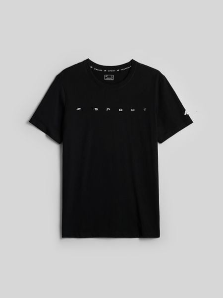4F T-shirt regular z nadrukiem męski - czarny S. Czarne t-shirty męskie 4f, m, bez wzorów, z bawełny, bez kołnierzyka. Za 59.99 zł.