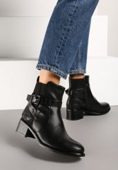 Czarne Botki na Słupku z Klamrą i Paskiem Epatina. Czarne botki damskie Renee, z jeansu, eleganckie, bez obcasa, na obcasie, bez zapięcia. Za 149.99 zł.