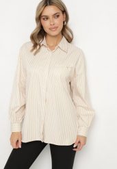 Beżowa Koszula Zapinana na Guziki z Kieszonką Uloedri. Brązowe koszule damskie Born2be, l, bez wzorów, z jeansu, biznesowe, bez kołnierzyka, plus size, bez ramiączek. Za 119.99 zł.