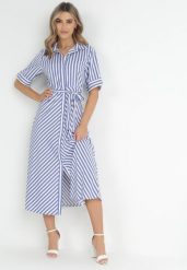 Niebieska Koszulowa Sukienka z Wiskozy w Paski Wiązana w Talii Nevia. Niebieskie sukienki damskie Born2be, na spotkanie biznesowe, m, bez wzorów, z wiskozy, eleganckie, bez kołnierzyka, bez ramiączek, maxi, koszulowe. W wyprzedaży za 127.99 zł.