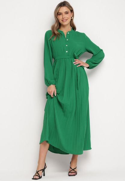 Zielona Rozkloszowana Sukienka Maxi z Plisowanym Dołem i Wiązanym Paskiem Nollira. Zielone sukienki damskie Born2be, bez wzorów, eleganckie, bez kołnierzyka, bez ramiączek, maxi, plisowane. Za 109.99 zł.