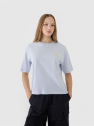 4F T-shirt oversize z nadrukiem damski - niebieski L. Niebieskie t-shirty damskie 4f, l, bez wzorów, z bawełny, bez kołnierzyka. W wyprzedaży za 39.99 zł.