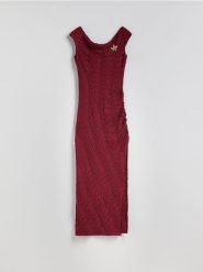 Sukienka maxi z efektem gniecenia - bordowy. Czerwone sukienki damskie Reserved, l, bez wzorów, z dzianiny, bez kołnierzyka, bez ramiączek, maxi, dopasowane. Za 139.99 zł.