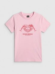 4F T-shirt regular z nadrukiem damski - różowy XS. Czerwone t-shirty damskie 4f, xs, bez wzorów, z bawełny, bez kołnierzyka. Za 59.99 zł.