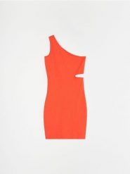 Dopasowana sukienka mini na jedno ramię z wycięciem w tali - pomarańczowy. Brązowe sukienki damskie Sinsay, l, bez wzorów, bez kołnierzyka, bez ramiączek, mini, dopasowane. Za 39.99 zł.