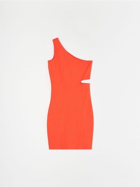 Dopasowana sukienka mini na jedno ramię z wycięciem w tali - pomarańczowy. Brązowe sukienki damskie Sinsay, l, bez wzorów, bez kołnierzyka, bez ramiączek, mini, dopasowane. Za 39.99 zł.