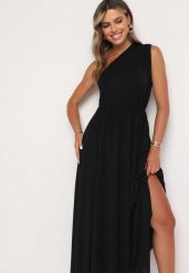 Czarna Plisowana Sukienka o Asymetrycznym Fasonie z Gumką w Talii Naeana. Czarne sukienki damskie Born2be, na imprezę, bez wzorów, eleganckie, z asymetrycznym kołnierzem, bez ramiączek, maxi, asymetryczne. W wyprzedaży za 127.99 zł.