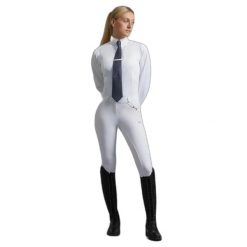 Koszula jeździecka konkursowa damska z długim rękawem Premier Equine Tessa. Białe koszule damskie PREMIER EQUINE, bez wzorów, z bawełny, eleganckie, bez kołnierzyka, bez ramiączek. Za 286.00 zł.