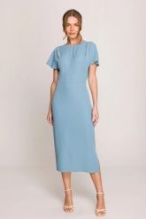 Elegancka sukienka ołówkowa z dekoltem V z tyłu niebieska. Niebieskie sukienki damskie Stylove, na imprezę, l, bez wzorów, eleganckie, bez kołnierzyka, bez ramiączek, ołówkowe. Za 189.00 zł.