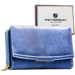 Granatowy portfel damski ze skóry ekologicznej wyposażony w system RFID - Peterson. Niebieskie portfele damskie Peterson, bez wzorów, ze skóry ekologicznej. Za 94.99 zł.