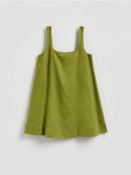 Lniana sukienka mini - oliwkowy. Zielone sukienki damskie Reserved, l, bez wzorów, z tkaniny, bez kołnierzyka, bez ramiączek, mini, rozkloszowane. Za 149.99 zł.