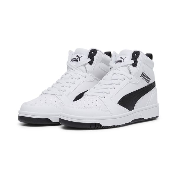 Buty damskie sportowe Puma REBOUND V6 MID JR. Białe buty sportowe na co dzień damskie Puma, bez wzorów, z gumy, do koszykówki. Za 218.95 zł.