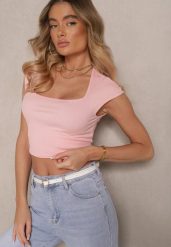 Różowy T-shirt z Wiskozą o Dopasowanym Kroju z Kwadratowym Dekoltem Alathia. Czerwone t-shirty damskie Renee, m, bez wzorów, z bawełny, bez kołnierzyka. Za 39.99 zł.