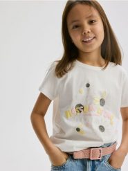 T-shirt z wypukłym nadrukiem - złamana biel. Koszulki dziewczęce Reserved, bez wzorów, z bawełny, bez ramiączek. Za 19.99 zł.