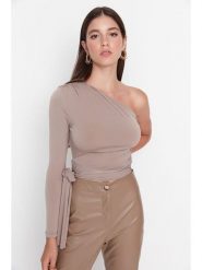Trendyol Koszulka w kolorze szarobrązowym rozmiar: XL. Brązowe bluzki damskie Trendyol, xl, bez wzorów, bez kołnierzyka, bez ramiączek. Za 29.95 zł.