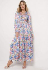 Niebieska Plisowana Sukienka z Gumką w Pasie Wykończona Guzikami Zaramarie. Niebieskie sukienki damskie Born2be, l, bez wzorów, z jeansu, eleganckie, bez kołnierzyka, bez ramiączek, maxi. W wyprzedaży za 143.99 zł.