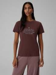 4F T-shirt regular z nadrukiem damski - brązowy XL. Brązowe t-shirty damskie 4f, m, bez wzorów, z bawełny, bez kołnierzyka. Za 69.99 zł.