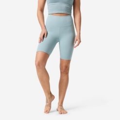 Legginsy krótkie do jogi i pilatesu Domyos. Niebieskie legginsy sportowe damskie DOMYOS, l, bez wzorów, z materiału, z podwyższonym stanem, na fitness i siłownię. Za 69.99 zł.