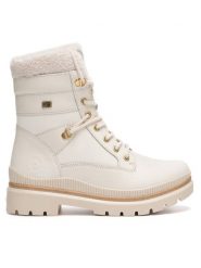 Remonte Trzewiki D0C77-80 Biały. Białe botki damskie Remonte, ze skóry, bez obcasa, na płaskiej podeszwie, bez zapięcia. Za 399.00 zł.