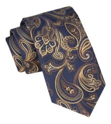 Męski Krawat - Alties - Granatowe Tło ze Złotym Wzorem. Niebieskie krawaty i muchy męskie Alties, bez wzorów, z tkaniny, eleganckie. Za 49.00 zł.