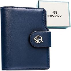 Granatowy portfel damski ze skóry ekologicznej zamykany na zatrzask i suwak - Rovicky. Niebieskie portfele damskie ROVICKY, bez wzorów, ze skóry ekologicznej. Za 89.99 zł.