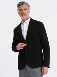 Marynarka męska z naszywanymi kieszeniami - czarna V5 OM-BLZB-0127 - L. Czarne marynarki męskie Ombre Clothing, bez wzorów, z materiału. W wyprzedaży za 229.99 zł.