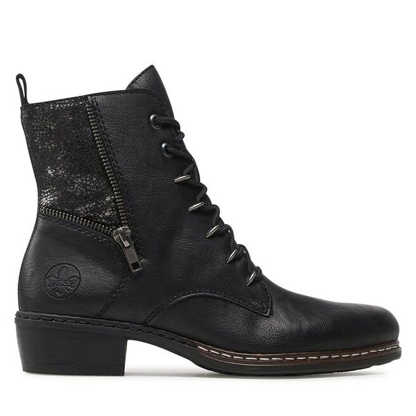 Trzewiki Rieker. Czarne botki damskie Rieker, bez obcasa, na płaskiej podeszwie, bez zapięcia. Za 295.99 zł.