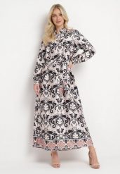 Beżowo-Czarna Sukienka o Pudełkowym Fasonie z Satyny w Ornamentalny Print Alerosa. Brązowe sukienki damskie Born2be, l, bez wzorów, z materiału, bez kołnierzyka, bez ramiączek, maxi. W wyprzedaży za 127.99 zł.