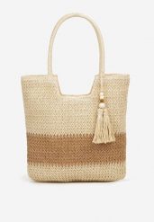 Beżowa Torebka z Plecionki na Rączkach z Chwostami Livonia. Brązowe shopper bag damskie Renee, bez wzorów, z materiału, bez dodatków. Za 79.99 zł.