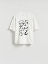 T-shirt z haftem - biały. Białe t-shirty damskie Reserved, l, bez wzorów, z bawełny, bez kołnierzyka. Za 69.99 zł.