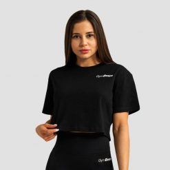 Koszulka damska fitness cropped luźna czarna Limitless. Czarne topy sportowe damskie GYMBEAM, na lato, xs, bez wzorów, z bawełny, bez ramiączek. Za 76.90 zł.
