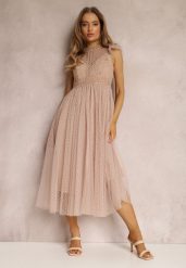Beżowa Sukienka Canissa. Brązowe sukienki damskie Renee, na imprezę, m, bez wzorów, z koronki, eleganckie, bez kołnierzyka, bez ramiączek, midi, kopertowe. Za 219.99 zł.