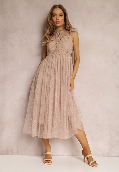 Beżowa Sukienka Canissa. Brązowe sukienki damskie Renee, na imprezę, m, bez wzorów, z koronki, eleganckie, bez kołnierzyka, bez ramiączek, midi, kopertowe. Za 219.99 zł.