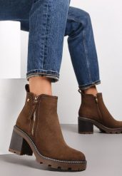 Brązowe Botki na Słupku Boho z Suwakiem Kodra. Brązowe botki damskie Renee, boho, za kostkę, bez obcasa, na obcasie, bez zapięcia. Za 139.99 zł.
